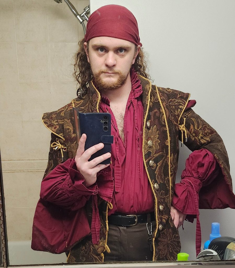 Owen wearing a renaissance doublet that he made himself